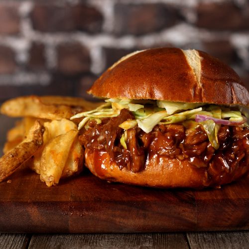 mcc-pulled-pork-roll-500×500 Pulled pork burger with a side of wedges